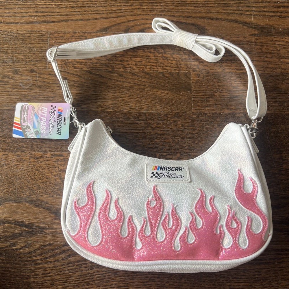 NASCAR JUSTICE BRAND White & Pink Crossbody Purse Bag Adjustable Strap NWT!